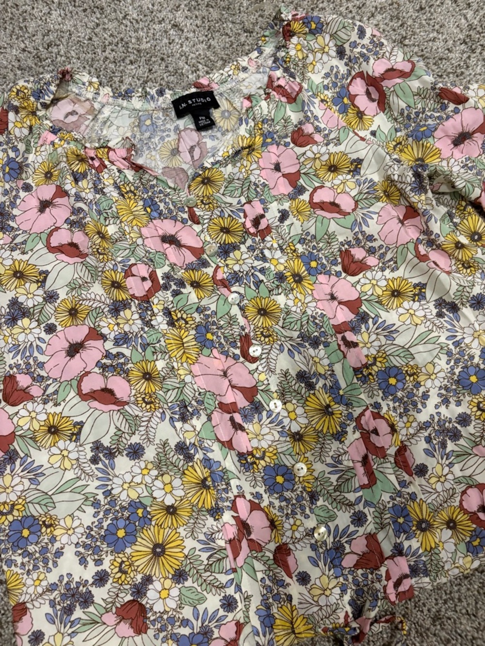 I.N. Studio Floral Button-Front Blouse in Cream, Pink, Yellow, Blue, Green - Picture 3 of 5